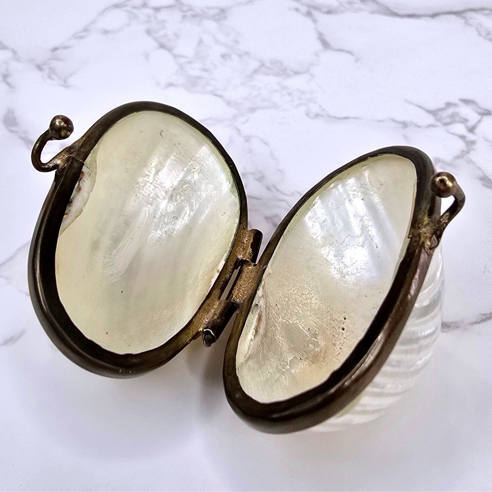 Vintage Mother of Pearl Seashell Trinket Box Brass Clasp Iridescent Pill Case - Picture 6 of 11